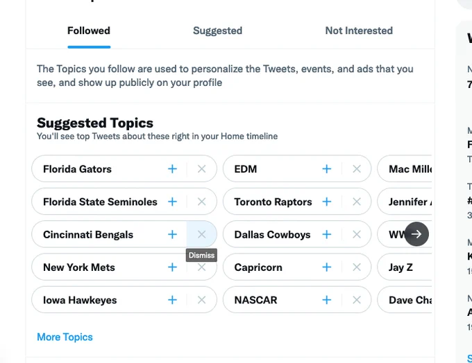 A new list of topics Twitter has me following, including EDM, WWE and the Dallas Cowboys