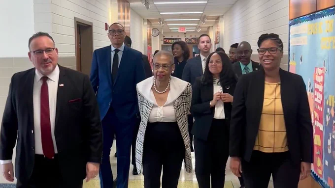 Secretary Cardona, Congresswoman Norton, Chancellor Ferebee, Superintendent Grant, Principal Morris, and other leaders tour Turner Elementary and meet with students.