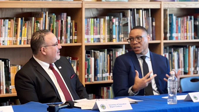 Secretary Cardona and Chancellor Ferebee discuss the connected schools model in the school library and answer questions for the press.