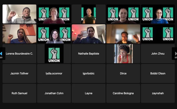 A grid of HuffPost union members on Zoom, with solidarity fists and union backgrounds!