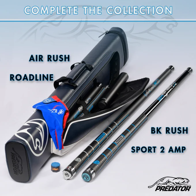 A collection of blue billiards supplies and blue pool cues from Predator Cues