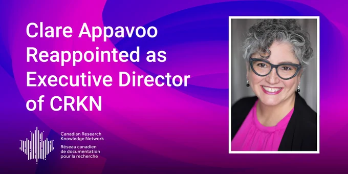 The words "Clare Appavoo Reappointed as Executive Director of CRKN" and a headshot of Ms. Appavoo appear over a swirling blue and pink background. The CRKN logo is in the bottom left corner of the graphic.