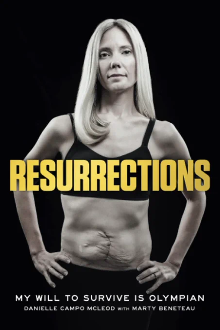 A book cover consists of a photograph of a fit young woman (Danielle Campo-McLeod) standing with her hands on her hips, against a black background. She is wearing an athletic halter top which reveals a toned stomach that has a surgical scar. The word "RESURRECTIONS" in bold yellow text is emblazoned across the middle of the picture. Under the image in smaller text are the words "My Will To Survive is Olympian" and on the bottom are the names of the authors Danielle Campo-McLeod with Marty Beneteau.