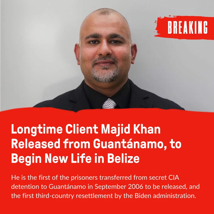 image of majid khan with text reading breaking followed by Longtime Client Majid Khan Released from Guantánamo, to Begin New Life in Belize. He is the first of the prisoners transferred from secret CIA detention to Guantánamo in September 2006 to be released, and the first third-country resettlement by the Biden administration