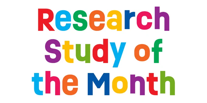 The words "Research Study of the Month" appear atop a white background in a variety of colors.