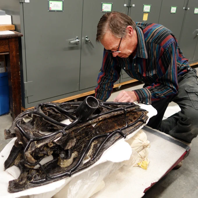 The late Bob Harmon in March 2017 at the MOR carefully removing the armature of the famous Allosaurus specimen known as Big Al (MOR 693) so that our group could study it. Bob was field crew chief leading the excavation of this important fossil in 1991.
