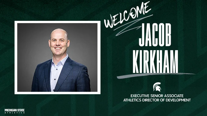 Photo of Jacob Kirkham on the left side of graphic. On the right side is text: Welcome Jacob Kirkham! Executive Senior Associate Athletics Director of Development.
