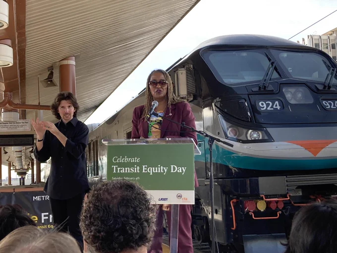 Holly J. Mitchell, member of the LA County Board of Supervisors, 2nd District. She’s wearing a Rosa Parks tshirt.