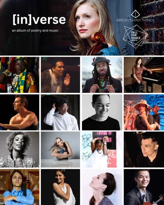 IMAGE DESCRIPTION 3: A flyer image of 16 square portrait images of contributing artists to the album. At the top is a photo of the creator of the album with bold, white text that reads: "[in]verse an album of poetry and music."