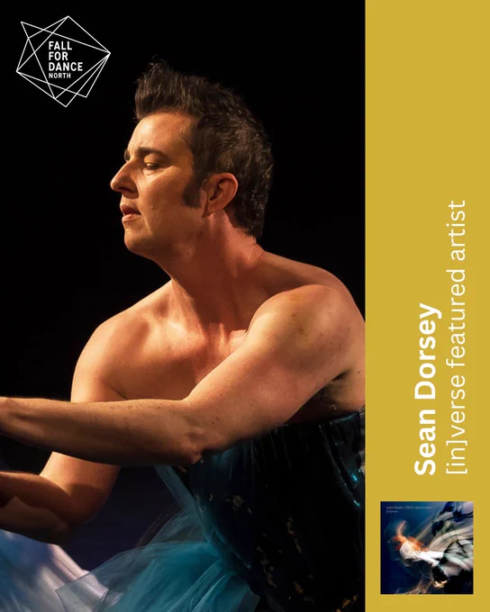 IMAGE DESCRIPTION: A close up photo of Sean Dorsey on stage dancing in a blue floor-length ballgown. On the side of the photo is a vertical mustard yellow bar with text ontop that reads: "Sean Dorsey: [in]verse featured artist.