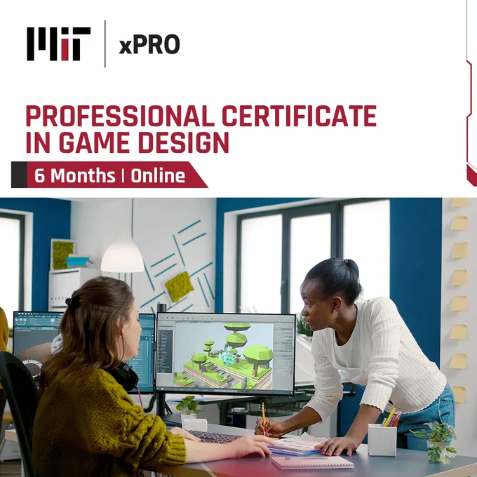 Two people working on a 3D game project together. Captioned MIT xPRO Professional Certificate in Game Design, 6 months, online