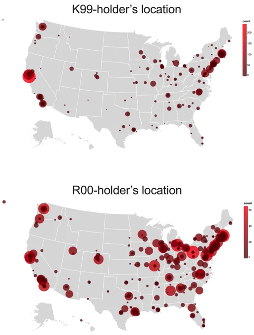 map of K99 holders (top) and R00 holders (bottom)