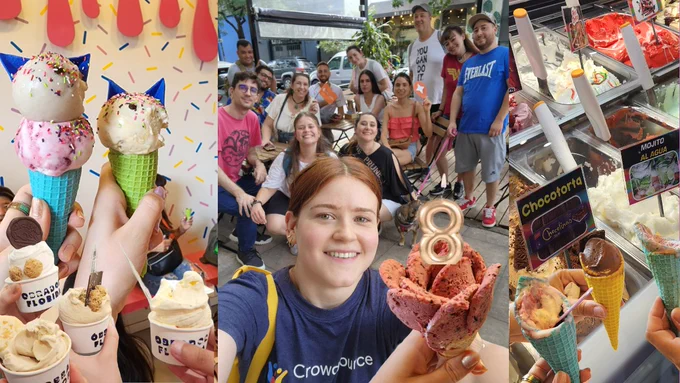 Un conjunto de fotos de helados del meet-up, además de una foto grupal en el centro. En el helado editado arriba de la foto, hay una vela con forma de número 8