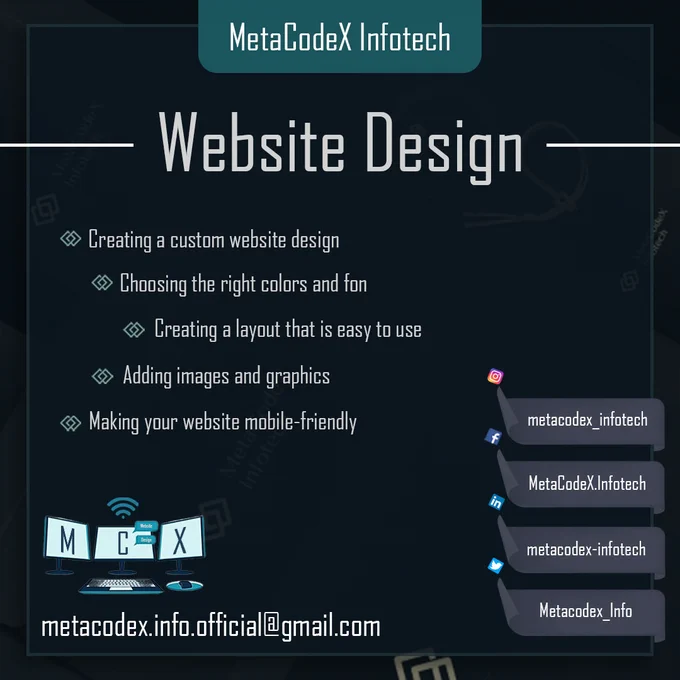 Web designing is all about creating beautiful and user-friendly websites. Let me help you create the perfect website for your business! I can help you with:

-Creating a custom website design
-Choosing the right colors and fonts
-Creating a layout that is easy to use
-Adding images and graphics
-Making your website mobile-friendly

Please contact me if you would like help with your website.

metacodex.co.in

metacodex.info.official@gmail.com

#webdesign #webdesigner #webdesigners #webdesigns #webdesigning #webdesignagency #responsivewebdesign #webdesigncompany #webdesignerlife #webdesigninspiration #webdesigntrends #welovewebdesign #webdesignservices #webdesignstudio #dailywebdesign #webdesigntips #webdesignanddevelopment #freelancewebdesigner #wordpresswebdesign #webdesignspecialist #customwebdesign #webdesignerneeded #webdesigndubai #webdesigne #jasawebdesign #creativewebdesign #webdesignservice #webdesignerproblems #webdesignmalaysia #webdesignerslife #instawebdesign #atlantawebdesi