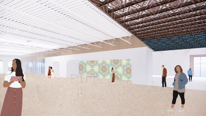 Self Help Graphics & Art's central gathering space architectural rendering. The building renovation will begin spring 2023. 