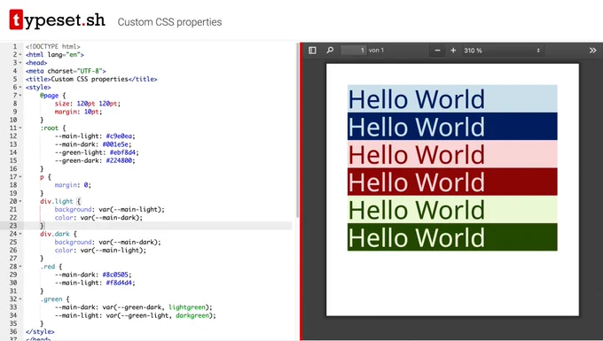 Example of custom properties in CSS and how they render.
