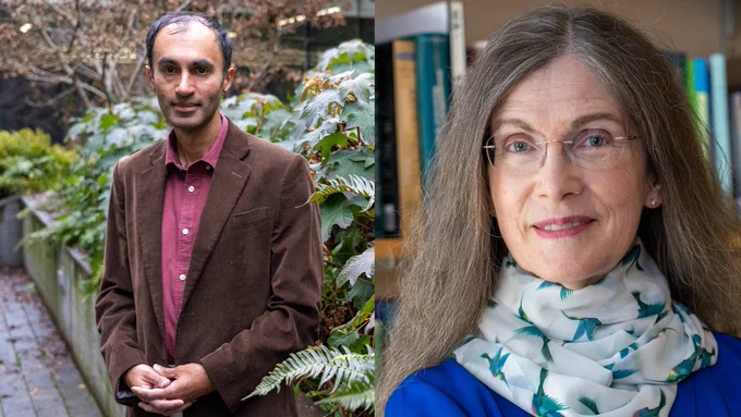 Left: A portrait of Raghuveer Parthasarathy in a garden. Right: A portrait of Trudy Ann Cameron with books on shelves behind her.