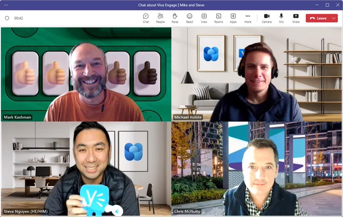 Talking Yammer and Viva Engage (from top left going clockwise): Mark Kashman, Michael Holste, Steve Nguyen, and Chris McNulty - all on a Teams call to record a new episode for the Microsoft podcast, The Intrazone.
