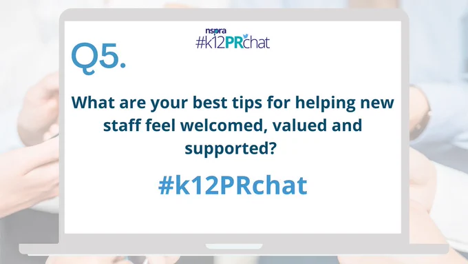 Image of a laptop displaying the #k12PRchat logo and the question in the text of the tweet.
