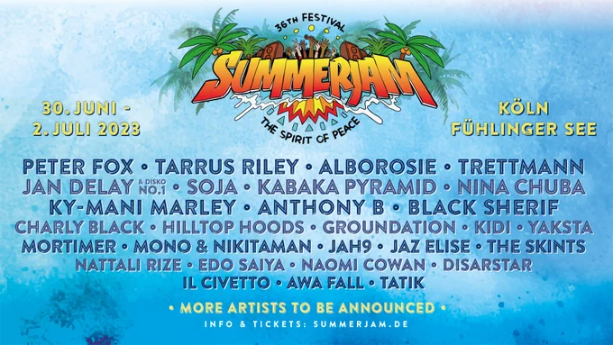 Die Grafik zeigt das Logo sowie das Line-up des 36. Summerjam Festivals mit dem Motto "The Spirit of Peace" vom 30. Juni - 02. Juli 2023 am Fühlinger See in Köln: Peter Fox, Tarrus Riley, Alborosie, Trettmann, Jan Delay, SOJA, Kabaka Pyramid, Nina Chuba und weitere.