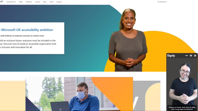 Microsoft UK's accessibility ambition webpage, with in-vision sign language translator bottom right in Signly widget