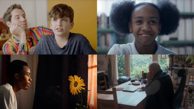 Four images from our Volunteer Films, from L-R clockwise: a person in a colourful shirt looking at a child, a child smiling in a library, a person looking at a yellow plant with a human face, and an older person sat a table in their home.