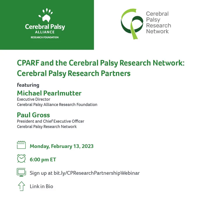 An announcement for a webinar featuring Michael Pearlmutter, CPARF’s Executive Director and Paul Gross, the CP Research Network’s President and CEO. Details are included in the caption of this post and the link to sign up is in our bio on Instagram