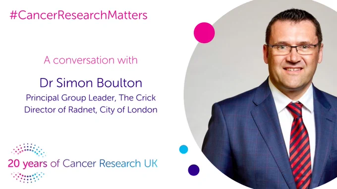 #CancerResearchMatters. A conversation with Dr Simon Boulton, Principal Group Leader, The Crick and Director of Radnet, City of London. Picture of Simon Boulton, CRUK 20 anniversary logo