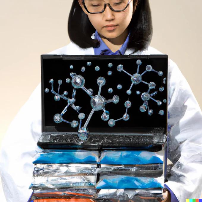 A Dalle generated image from the prompt "scientist looking at a laptop computer made out of scientific journal covers" showing a woman with dark hair and safety goggles, wearing a lab coat, and holding a laptop with some sort of scientific image supported by piles of journals