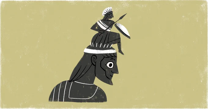 Abstrahierte Illustration des Göttervaters Zeus, aus dessen Kopf die Göttin Athene in Rüstung und mit Speer und Schild steigt.  Illustration: Martina Hoffmann