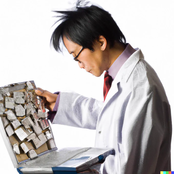 A Dalle generated image from the prompt "scientist looking at a laptop computer made out of scientific journal covers" showing a man with dark hair and glasses, wearing a lab coat, and holding a laptop with what look like scraps of paper stuck to the screen