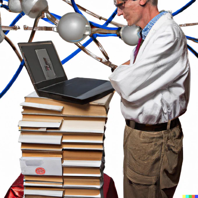 A Dalle generated image from the prompt "scientist looking at a laptop computer made out of scientific journal covers" showing a man with grey hair and safety glasses, wearing a lab coat (which is tucked int to his beige trousers - don't do this!), and looking at a laptop supported by a tower of books, with some random graphics in the background
