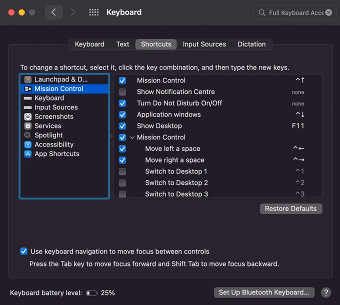 Screenshot of the Keyboard Settings menu in Mac OS X showing the option to enable kayboard navigation