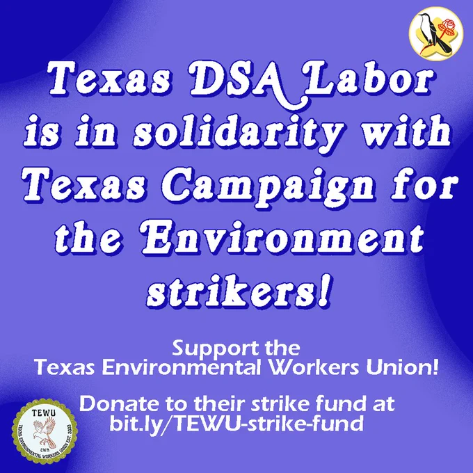 Text: Texas DSA Labor is in solidarity with Texas Campaign for the Environment strikers! Support the Texas Environmental Workers Union! Donate to their strike fund at bit.ly/TEWU-strike-fund