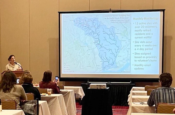 Willistown Conservation Trust's Lauren McGrath presents at the Delaware Estuary Science & Environmental Summit on volunteer monitoring of streams. Photo by the DRBC.