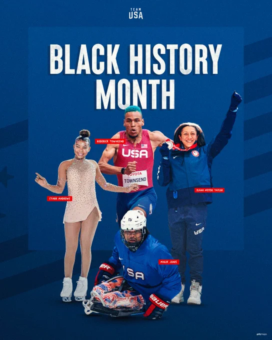 An image of Starr Andrews, Roderick Townsend, Elana Meyers Taylor, and Malik Jones, together, exemplifying black excellence; underneath the headline 'Black History Month'.