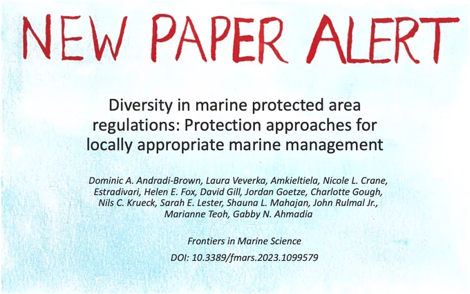 New Paper Alert: Diversity in marine protected area regulations: Protection approaches for locally appropriate marine management. By: Dominic A. Andradi-Brown, Laura Veverka, Amkieltiela, Nicole L. Crane, Estradivari, Helen E. Fox, David Gill, Jordan Goetze, Charlotte Gough, Nils C. Krueck, Sarah E. Lester, Shauna L. Mahajan, John Rulmal Jr., Marianne Teoh, Gabby N. Ahmadia. Now published in: Frontiers in Marine Science. Image shows paper title, author list, and journal name.