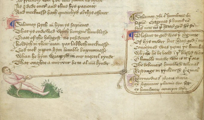 A medieval manuscript. A drawing of a man has lassoed a paragraph and is pulling it into place.