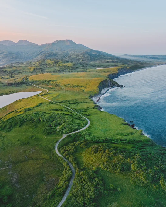 gorgeous green landscape photography in kodiak alaska with a coastal ocean on the right and a road through the middle of the landscape. photo taken by ellen carty, alaskan photographer