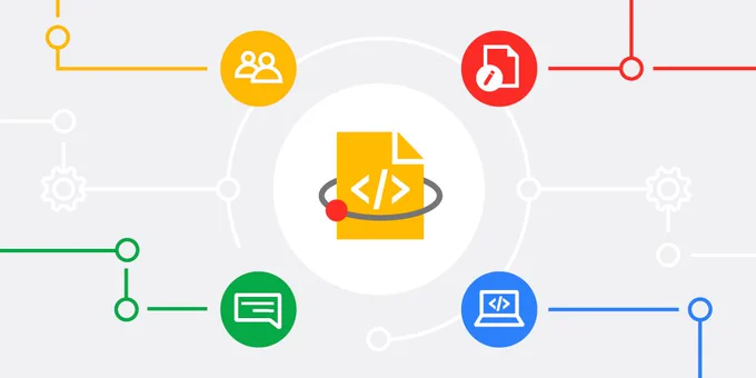 Google Season of Docs logo on a grey background and surrounded by illustrated icons of two people, a document, a speech bubble, and a lap top.