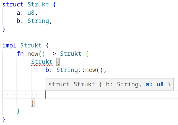 Screenshot showing signature help for the fields in a struct literal