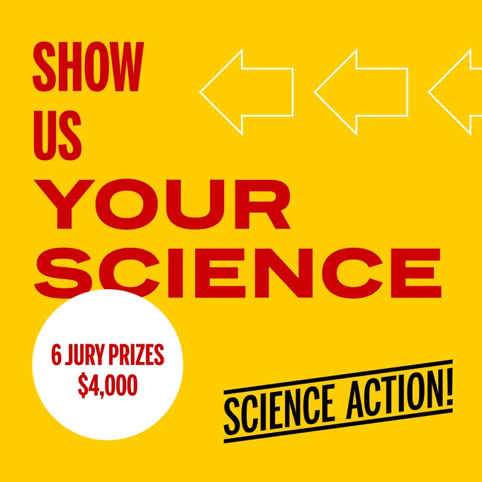 IMAGE: Strong yellow background. The outline of 3 big white arrows point towards big red letters saying "Show us your science".  At the bottom left is a white circle in which we can read "6 jury prizes $4,000" and the bottom right "SCIENCE ACTION!" 