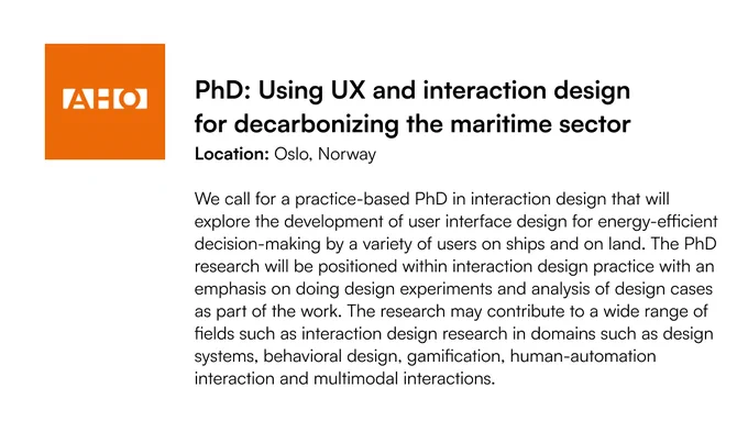 AHO logo and PhD - Using UX and interaction design for decarbonizing the maritime sector opportunity description
