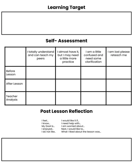 Screenshot of a digital worksheet with the headings "Learning target," "Self-assessment," and "post-lesson reflection." The self-assessment section has prompts for assessing learning before and after a lesson, plus a space for teacher analysis. The post-lesson reflection offers sentence stems for students to complete what they learned, liked, disliked, and more.