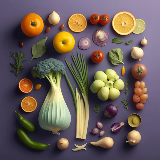 vegetables photo knolling :: pastel background, studio lighting, low contrast, 8k, food photography, shot on Phase One, ISO 100  --q 2 --v 4