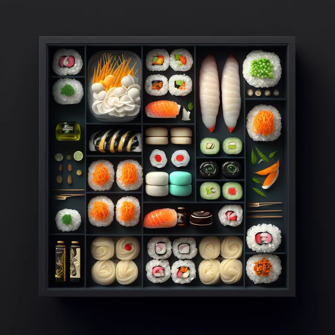 Perfect Sushi knolling :: dark background, studio lighting, low contrast, 8k, food photography, finalist, shot on Phase One, ISO 100 --v 4 --q 2 --s 250 --upbeta