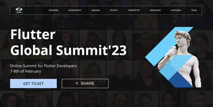 Image that says "Flutter Global Summit '23" with information about the event happeing on February 7 - 8, 2023. 