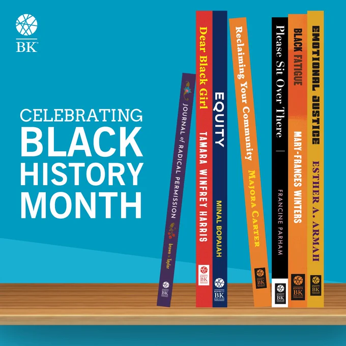 The following book spines are shown on an illustrated bookshelf against a blue background:
Journal of Radical Permission
Dear Black Girl
Equity
Reclaiming Your Community
Please Sit Over There
Black Fatigue
Emotional Justice