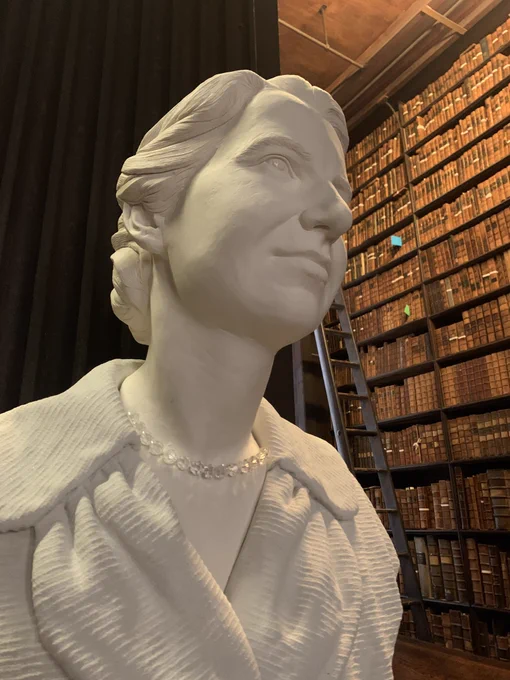 Close of of Rosalind Franklin structure with shelf of library books in the background. A glittering necklace of crystals is around her neck. The sculpture also depicts the fabric of her dress really well.