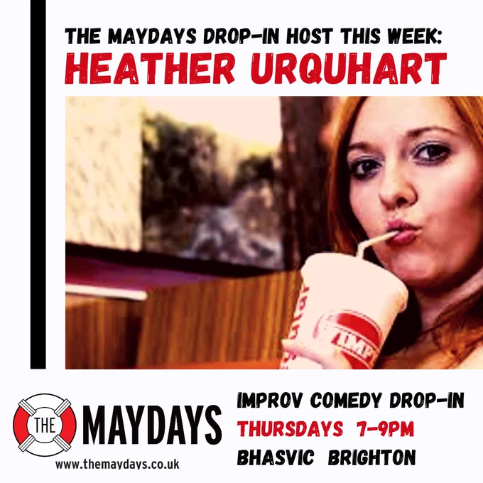 Event image for the Maydays improv comedy drop-in, Thursdays 7-9pm at BHASVIC in Brighton. Image of a woman with red hair staring into the camera as she sucks on a straw in a Wimpy take out cup